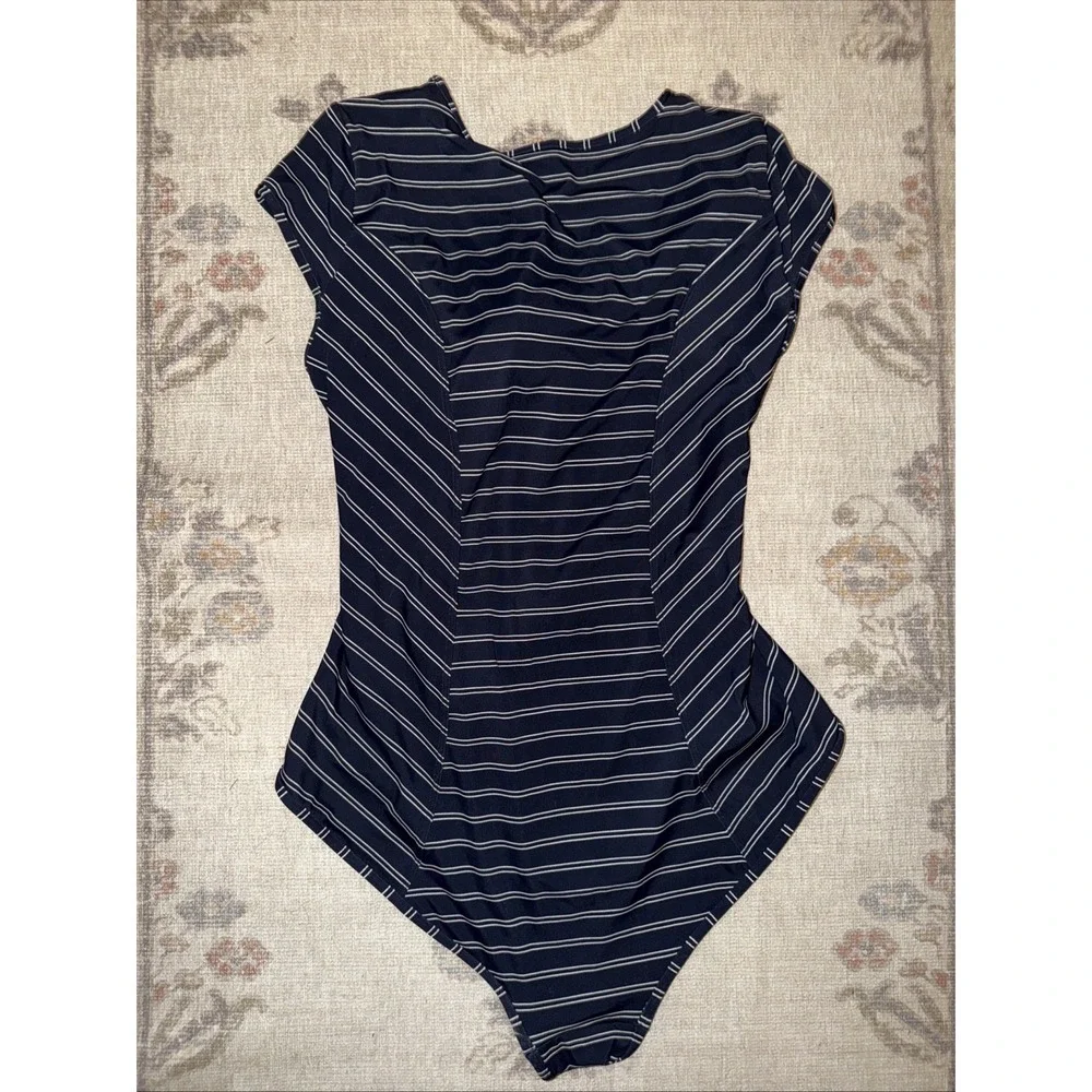 Athleta Swimsuit French Stripe Navy Blue Tie Front Cut Out One Piece Size L